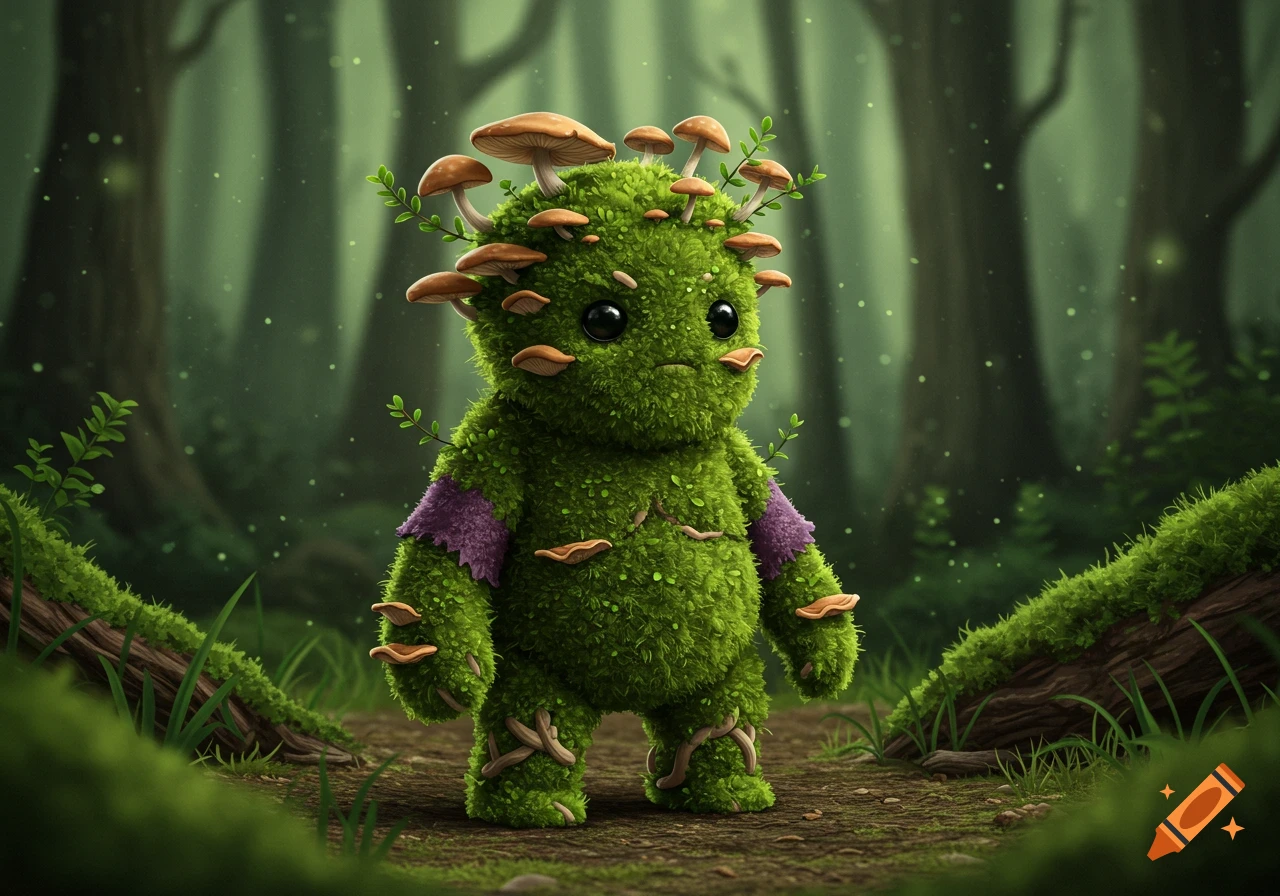 A cute mossling creature made of green moss, with mushrooms growing from its head and body, wearing a purple felt shirt, standing in a whimsical forest.
