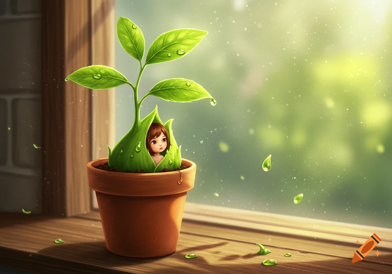 Whimsical illustration of a tiny girl with brown hair peeking from a dewy green plant bud in a terracotta pot on a wooden windowsill.