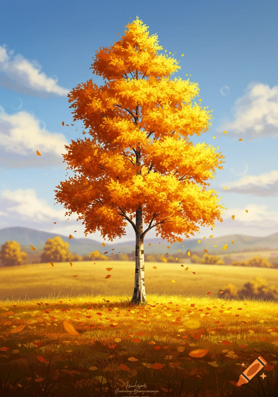 Vibrant yellow autumn tree in a golden field with falling leaves under a blue sky, mountains in the distance, digital art style.
