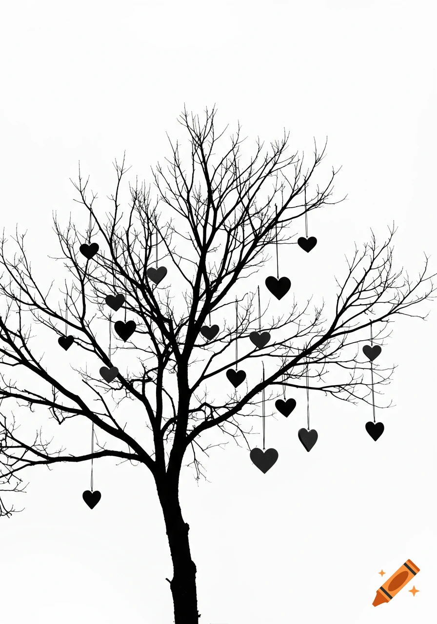 A black and white silhouette of a bare tree with numerous heart-shaped ornaments hanging from its branches against a white background.