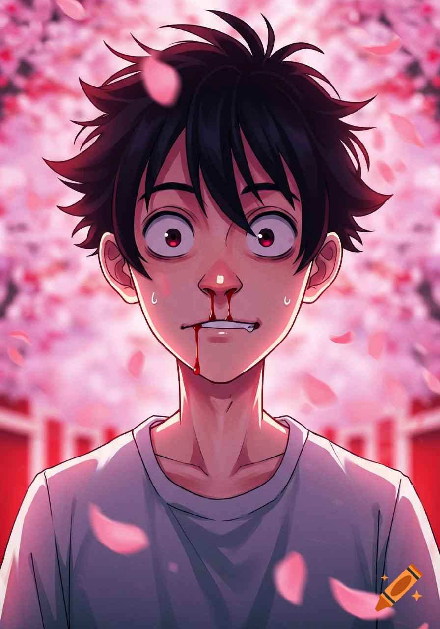 Anime boy with a nosebleed and a shocked expression, with cherry blossoms in the background.
