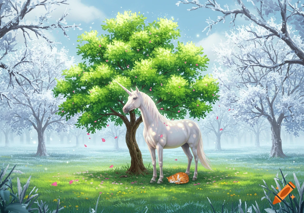 A white unicorn stands by a lush green tree, an orange cat sleeping below, surrounded by frosted trees under a blue sky.