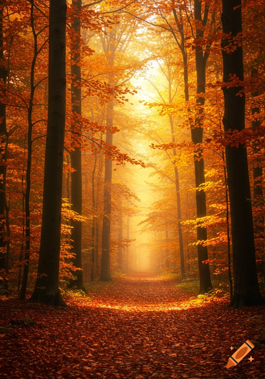 A photorealistic vertical shot of a vibrant autumn forest path with sunlit orange-leafed trees and a misty glow.