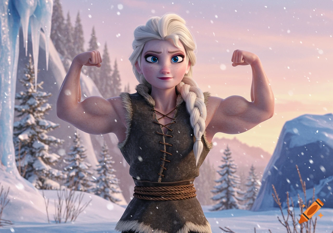 Elsa from Frozen, with exaggerated muscular arms, flexes proudly in a snowy mountain landscape, in a 3D cartoon style.
