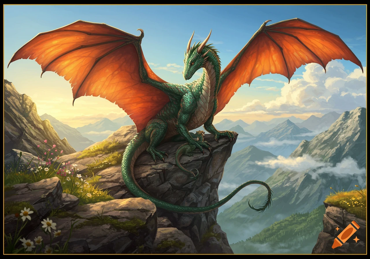 A large green dragon with vibrant orange wings and a small baby dragon perched on a craggy mountain cliff, overlooking a vast, misty valley at sunset, fantasy art.