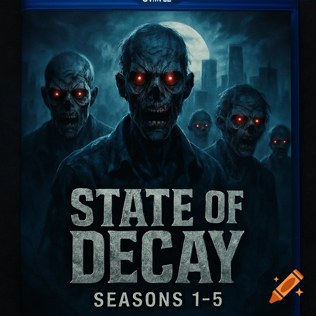 A stylized Blu-ray cover for "State of Decay Seasons 1-5" featuring multiple zombies with glowing red eyes against a dark city and moon.