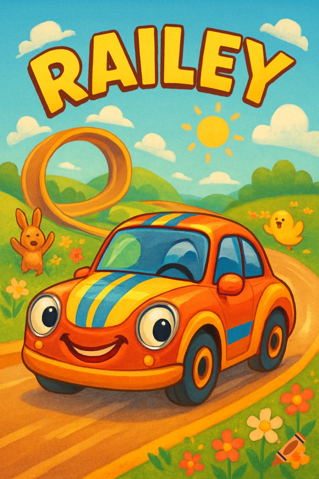 Smiling cartoon orange car with blue/yellow stripes on a winding road, green hills, sun, rabbit, and chick. Text 'RAILEY' above.