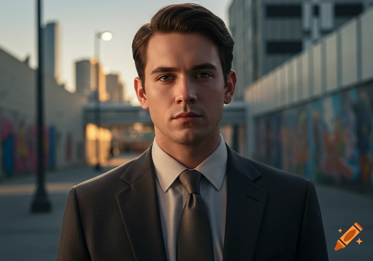 Photorealistic portrait of a young man in a suit looking at the camera, with a blurred urban street background at sunset.