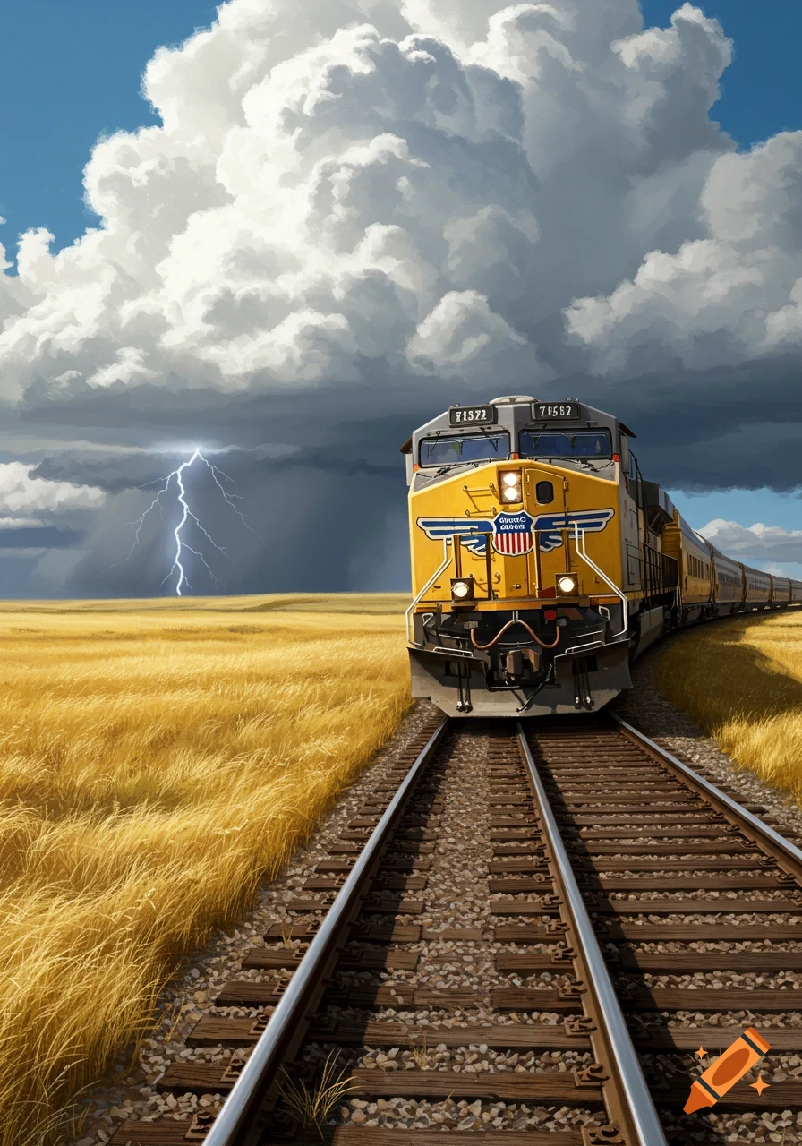 A yellow and grey Union Pacific train travels through a golden field under a dark, stormy sky with lightning.