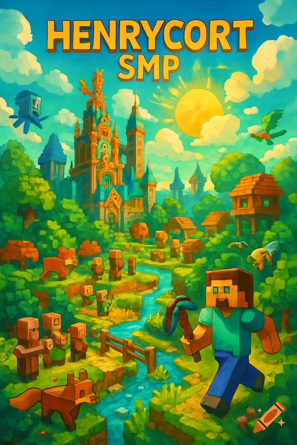 Vibrant, painterly Minecraft-style landscape with blocky characters, castle, river, and village. "HenryCort SMP" title at top.