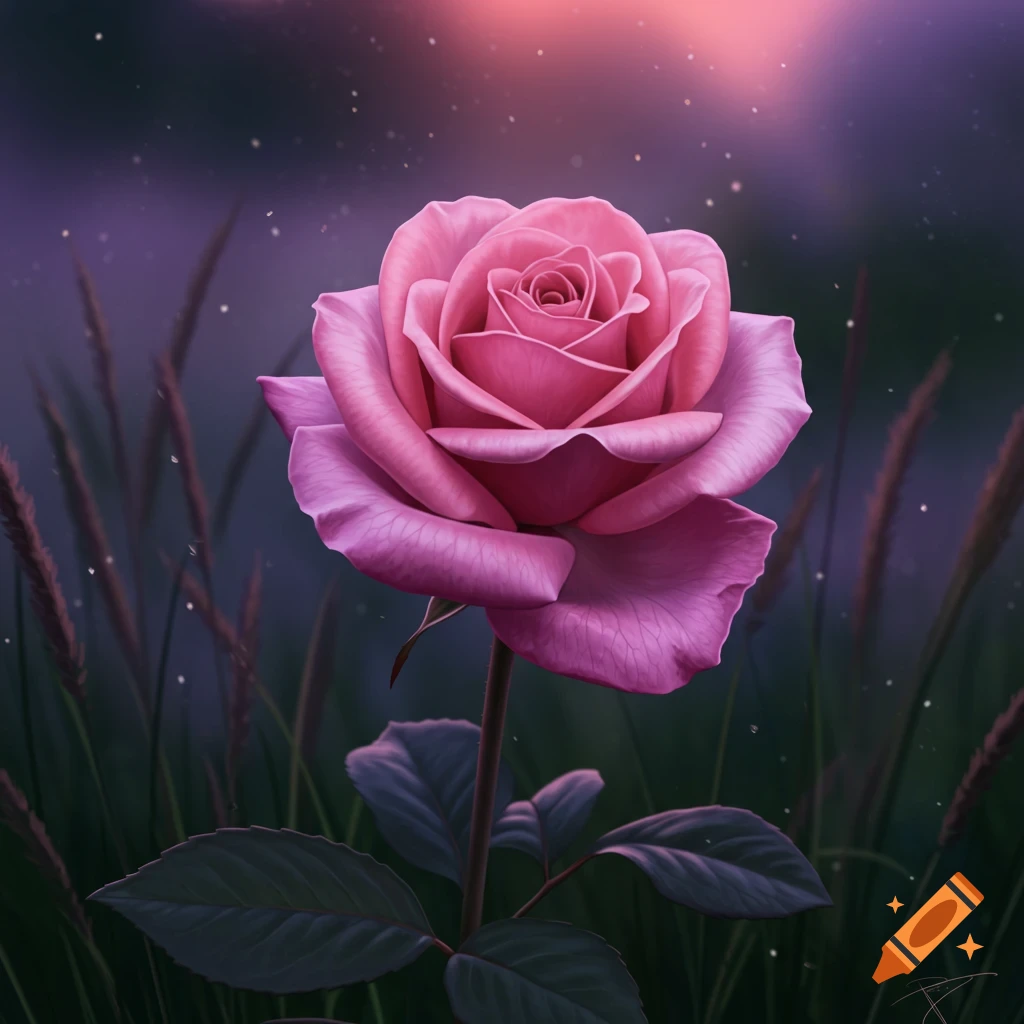 A vibrant pink rose with green leaves stands against a blurred purple and pink background, with subtle glowing particles.
