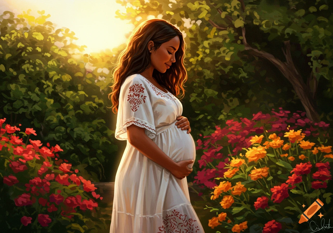A digitally painted portrait of a pregnant Latina woman in a sunny garden, gently holding her belly amidst colorful flowers.