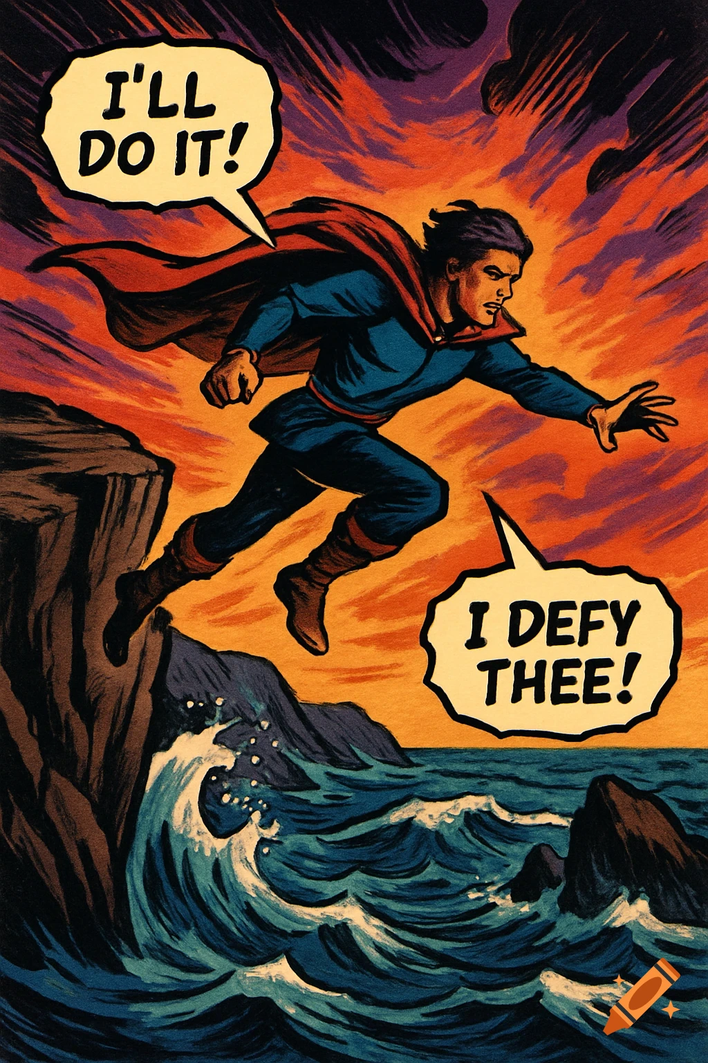 A comic book hero in a blue suit and red cape leaps from a cliff over stormy seas, with speech bubbles saying "I'LL DO IT!" and "I DEFY THEE!". Comic art style.