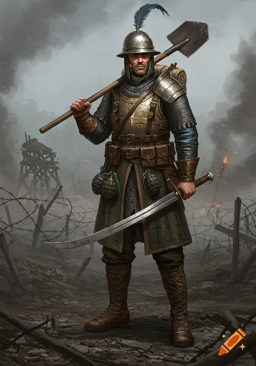 Digital painting of a medieval/WW1 fusion soldier in armor and chainmail, carrying a shovel and bloodied sword on a desolate battlefield.