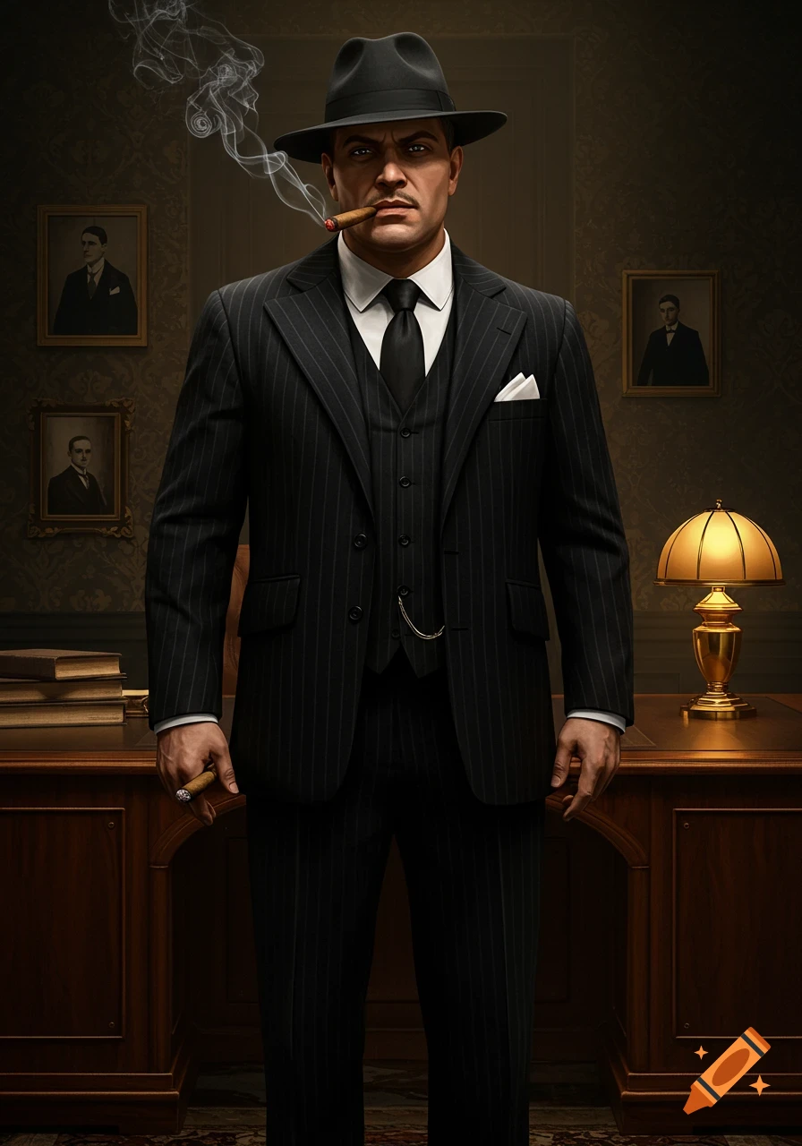 Photorealistic portrait of a stern man in a pinstripe suit and fedora, smoking a cigar, standing in a dimly lit office.