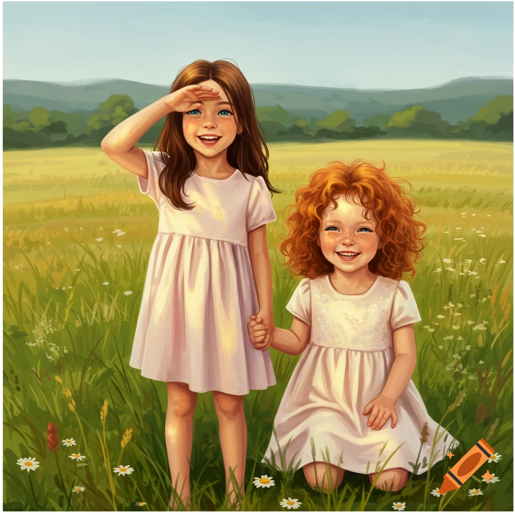 Two smiling young girls, one with brown hair and one with red curly hair, holding hands in a sunny green field with wildflowers and distant hills, in an illustrated style.