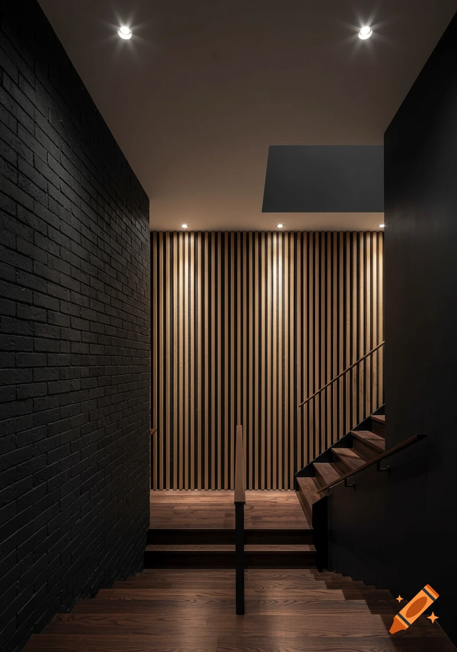 Photorealistic modern dark interior with a black brick wall, vertical wooden slats, and a wooden staircase under spotlights.