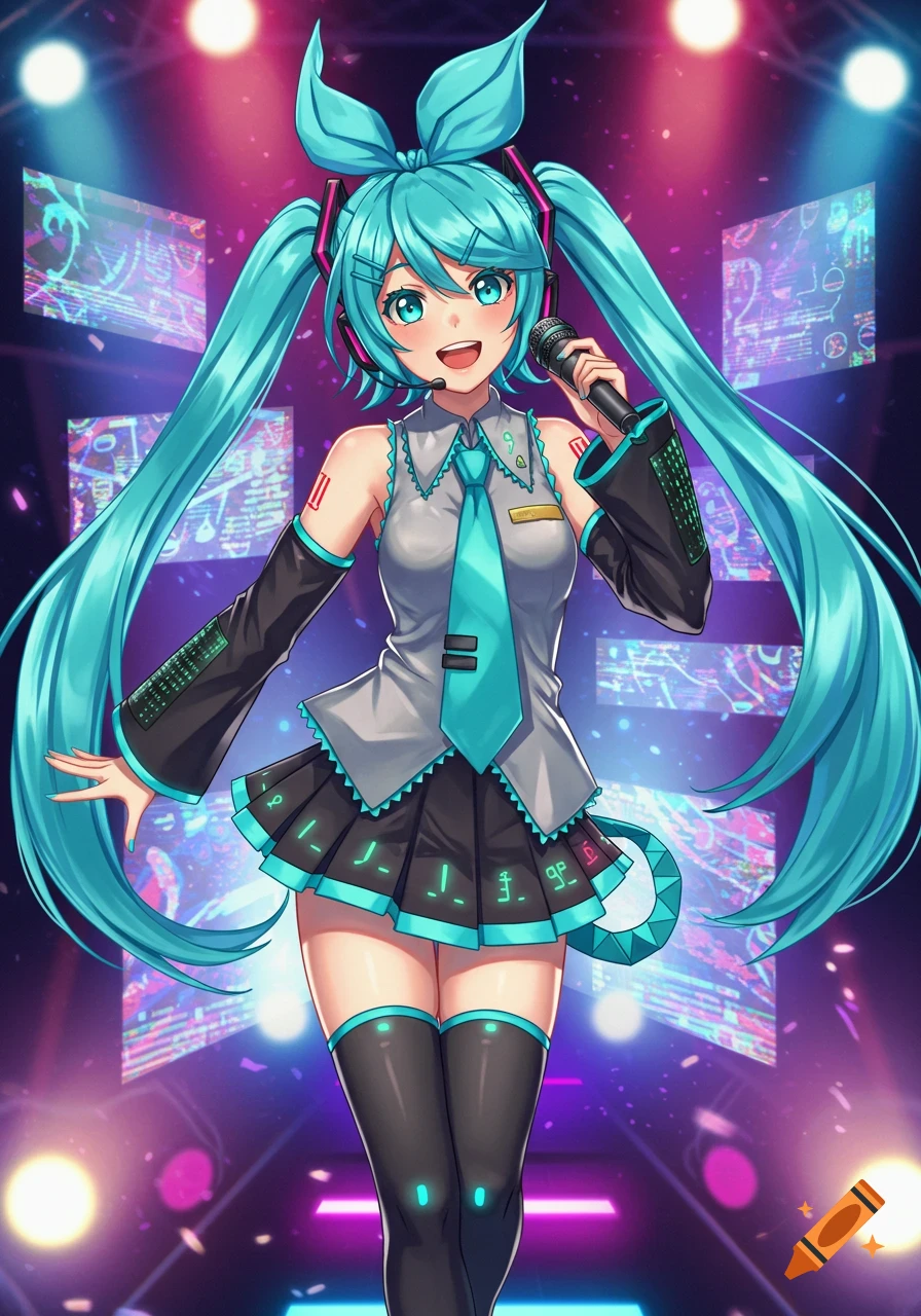 An anime girl with long teal pigtails, dressed as Hatsune Miku, sings into a microphone on a stage with digital screens and bright spotlights in the background.