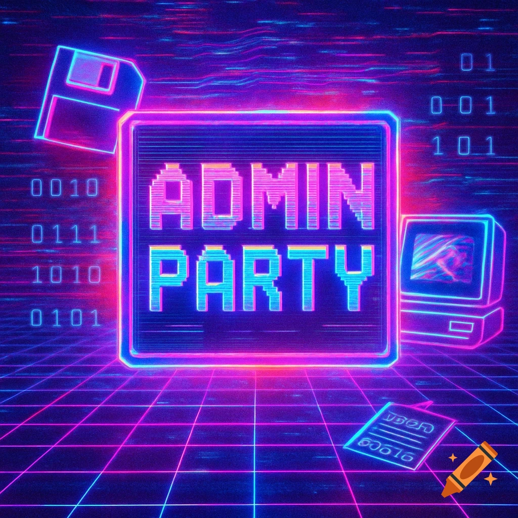 Vaporwave-style neon sign saying "ADMIN PARTY" amidst glowing retro computer elements and binary code on a grid background.