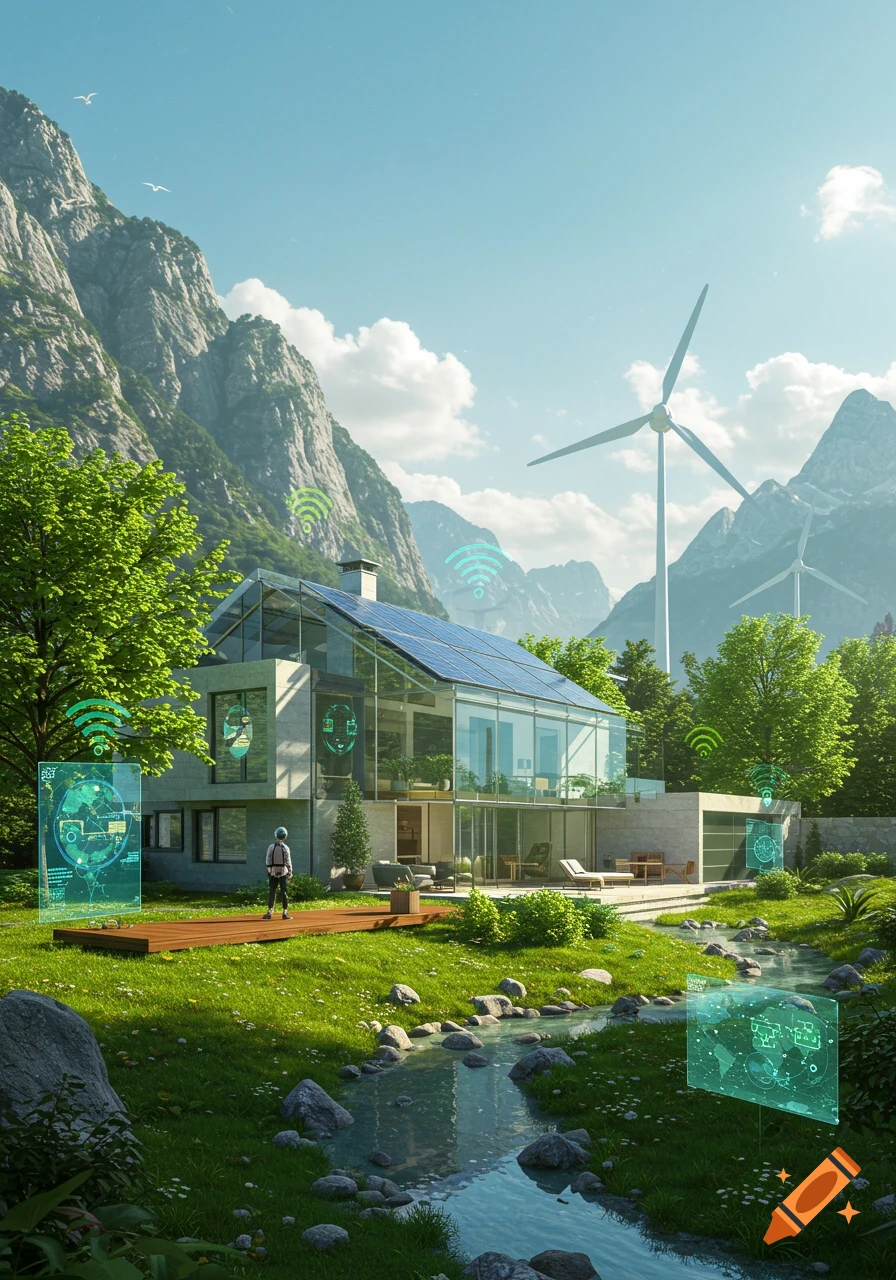 Photorealistic smart home with solar panels, glass walls, and holographic interfaces in a lush mountain valley with wind turbines and a stream.