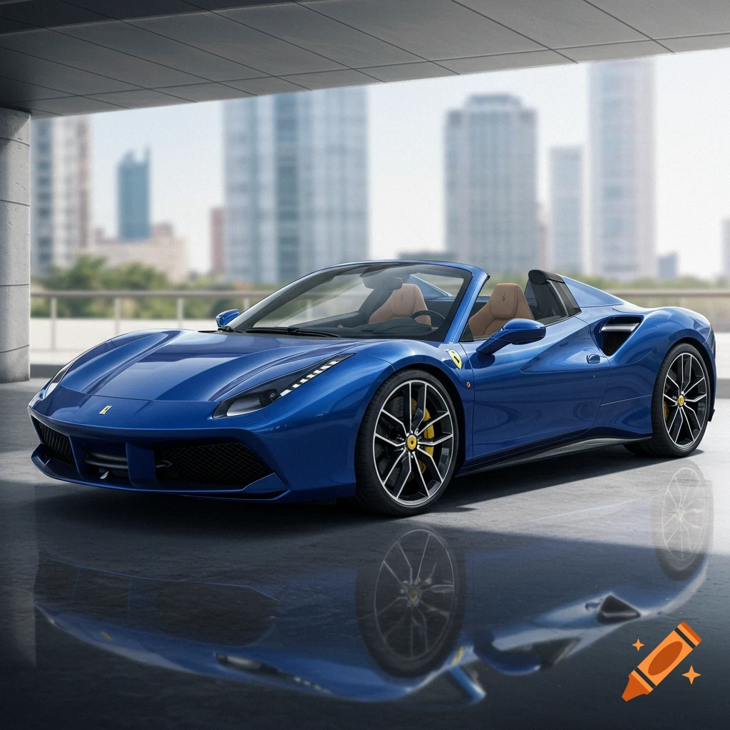 A shiny blue Ferrari 488 Pista Aperta convertible parked in a modern concrete structure, with a blurred cityscape in the background.
