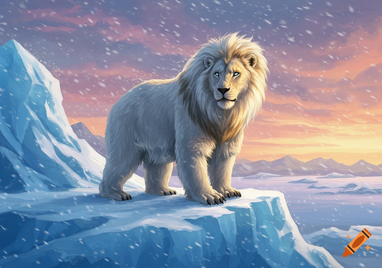 A majestic white lion-like creature with a thick mane stands on an icy cliff during a snowy sunset in a vast arctic landscape, digital art.