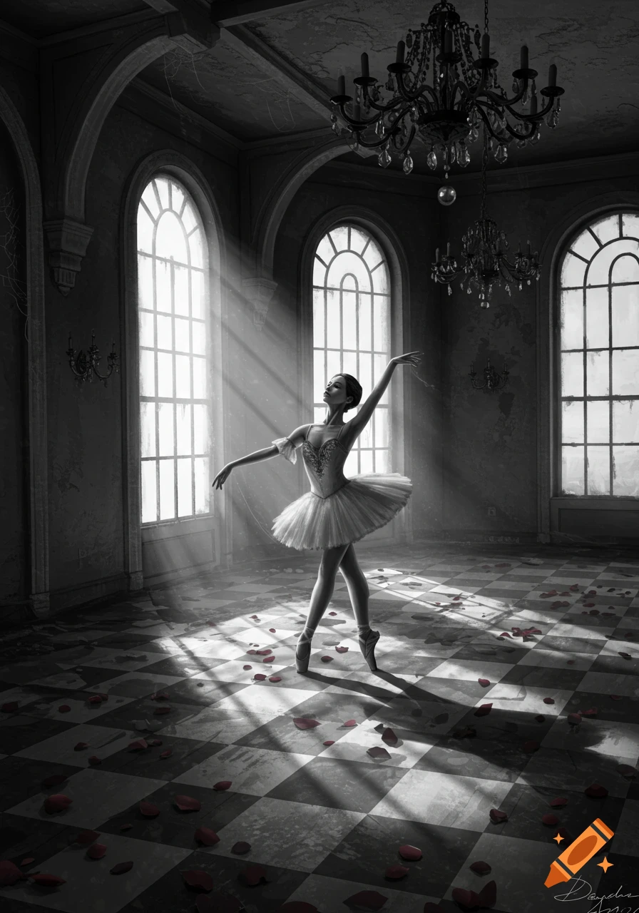 A black and white image of a ballerina in a tutu posing elegantly in a grand, sunlit room with arched windows and rose petals on the checkered floor.