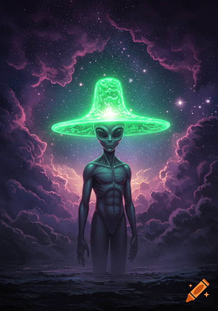 An alien with large eyes and a lean body wears a glowing green conical hat, standing in a cosmic landscape under a starry sky with purple clouds.