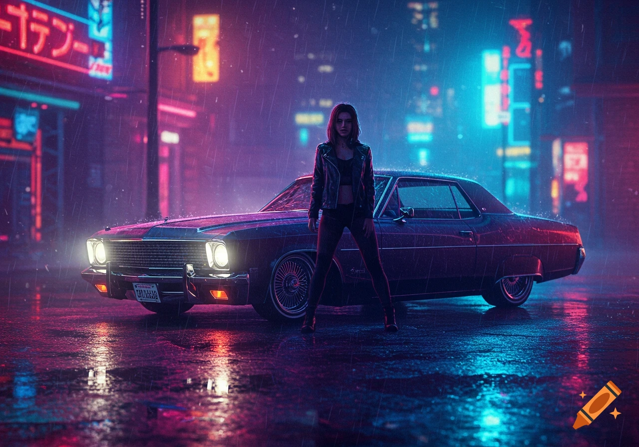 A woman in a leather jacket stands in front of a classic car on a rainy street at night, illuminated by vibrant neon signs and reflections.