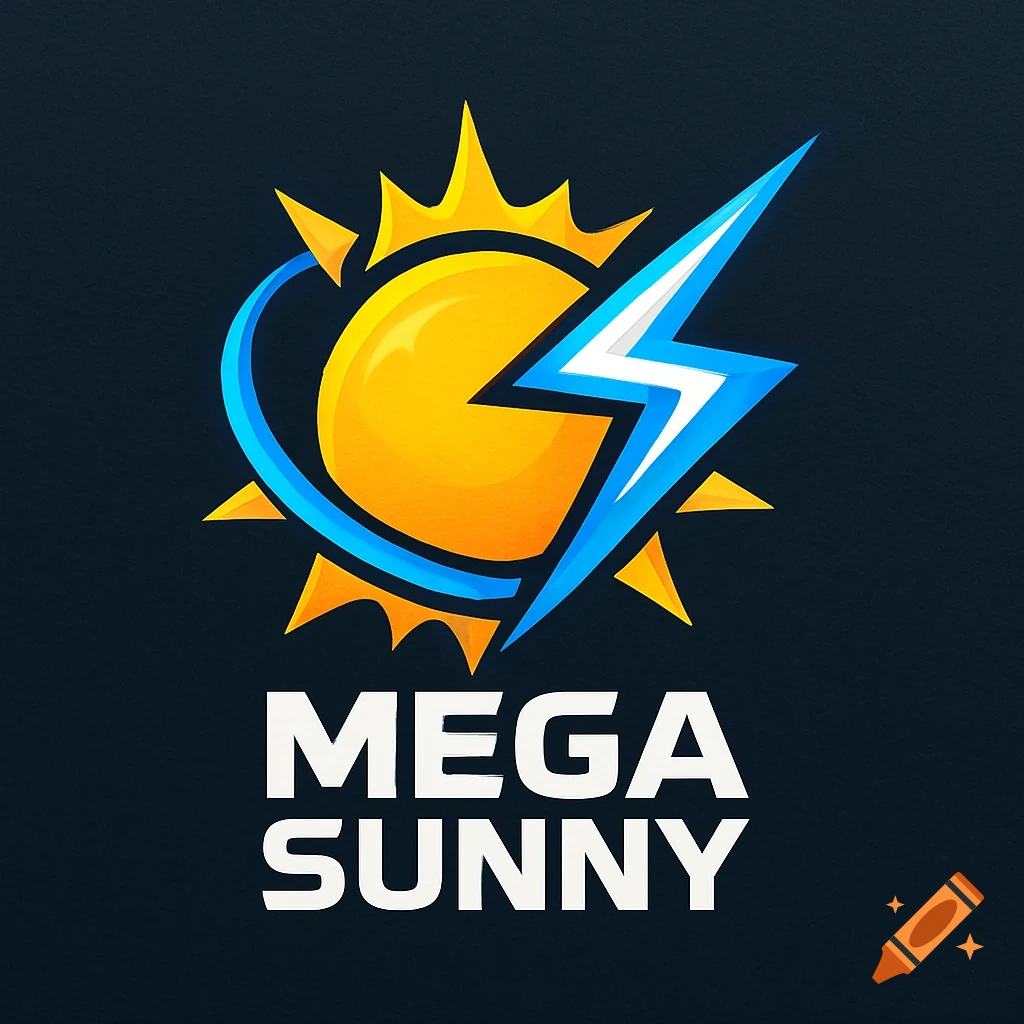 A graphic logo for Mega Sunny featuring a yellow sun with sharp edges, a blue electric ring, and a lightning bolt on a dark background.