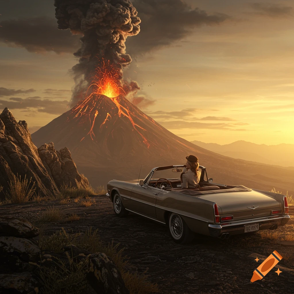 A person in a vintage convertible car watches a large volcanic eruption at sunset from a rocky hillside, photorealistic.