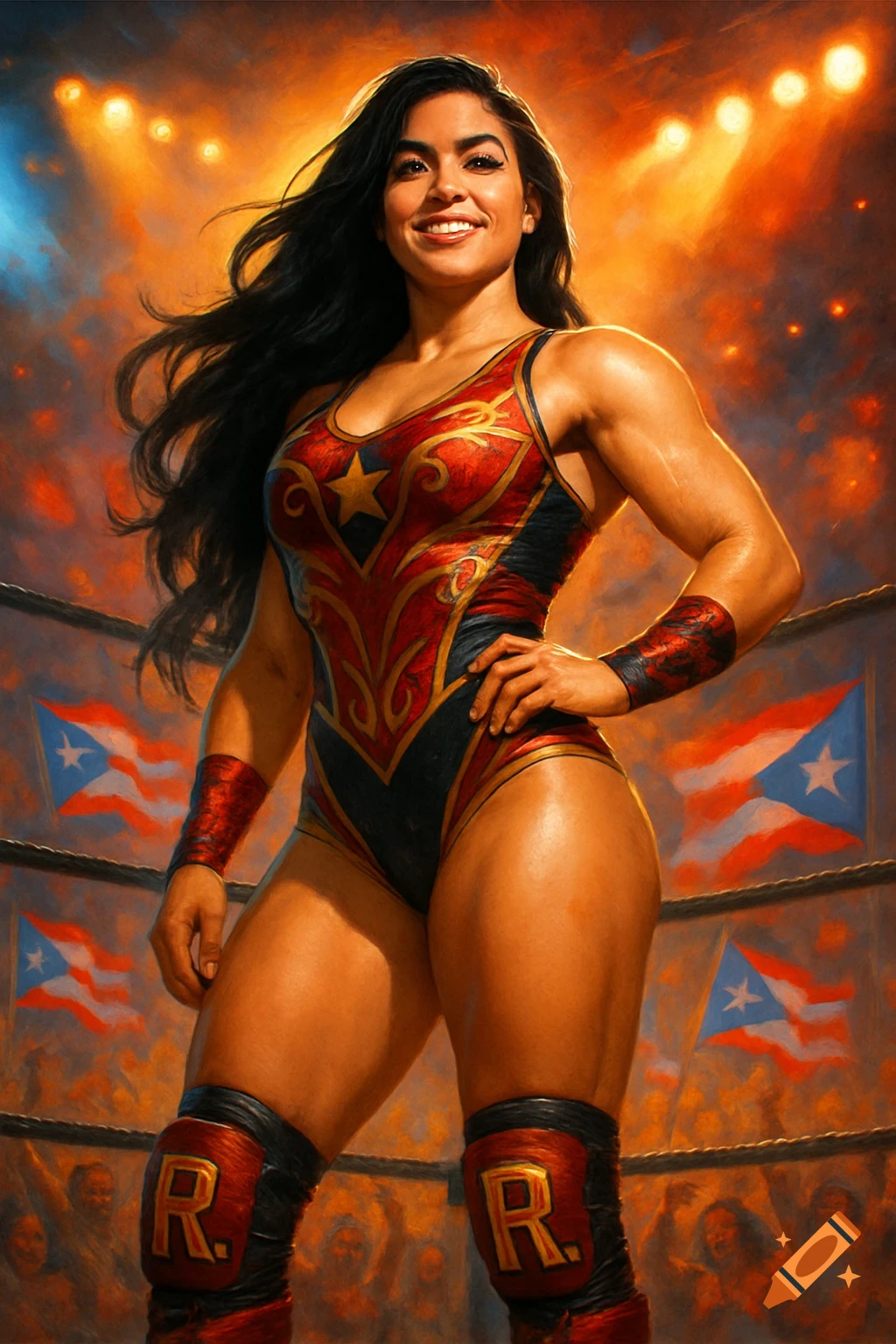 A strong female wrestler with long black hair, in a red and gold bodysuit, stands smiling in a wrestling ring. Puerto Rican flags are in the background.