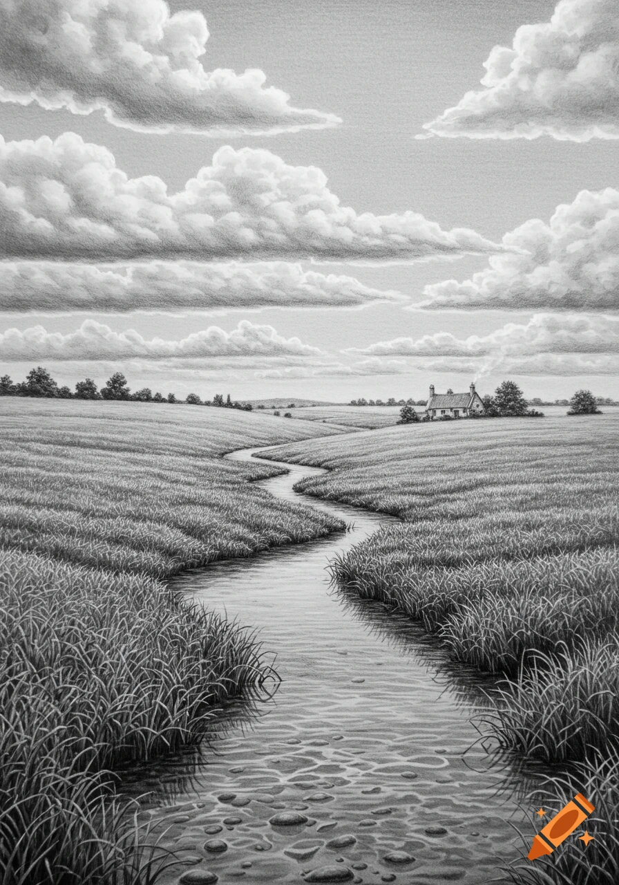 Pencil drawing of a winding stream flowing through vast fields under a cloudy sky, with a small house in the distance.