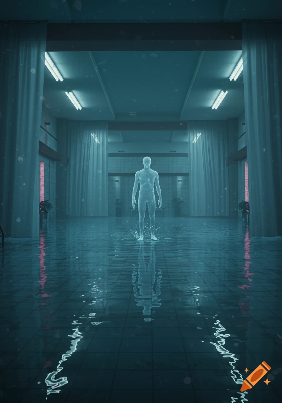 A translucent humanoid figure stands in a shallow pool of water in a dimly lit, tiled room with curtains and fluorescent lights.