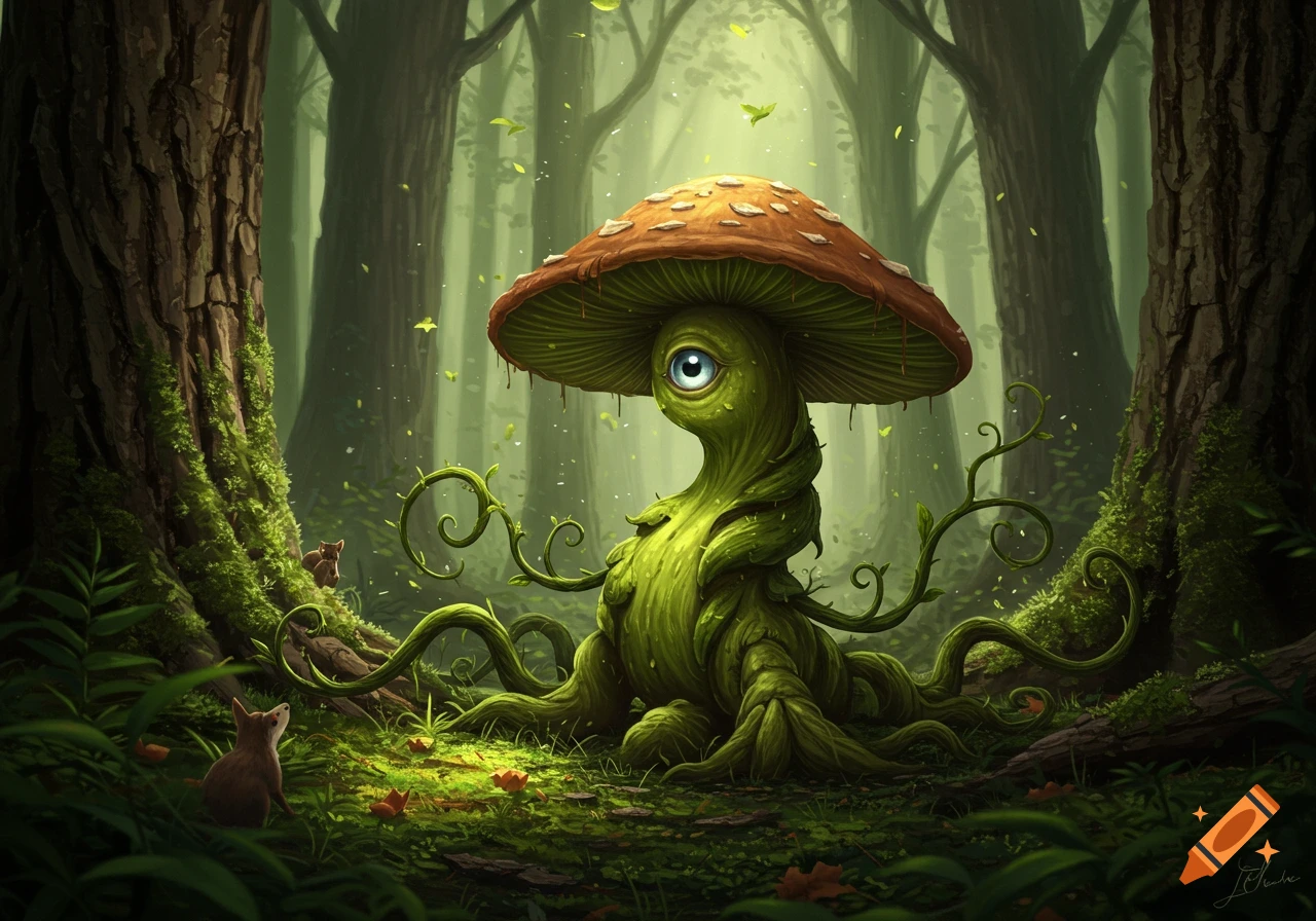 A whimsical, one-eyed mushroom creature with vine-like roots sits in a lush, magical forest, observed by two small rodents.