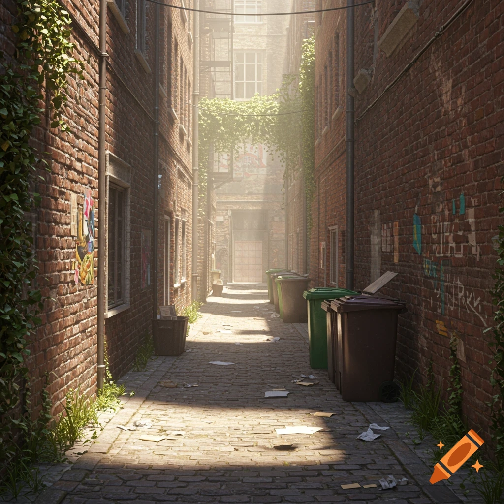 A narrow, sunlit brick alleyway lined with buildings, featuring trash bins, graffiti, and overgrown vines.