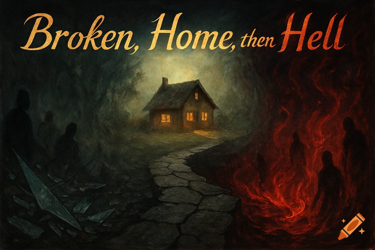 Dark, surreal painting of a house down a path, flanked by shadowy figures on broken ground and fiery figures in flames, titled 'Broken, Home, then Hell'.