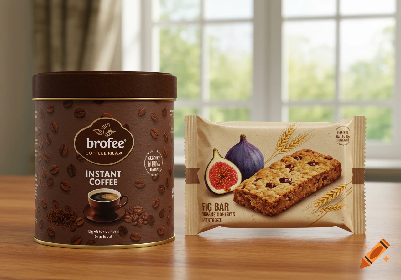A photorealistic image of a brown instant coffee canister and a packaged fig bar on a wooden table.