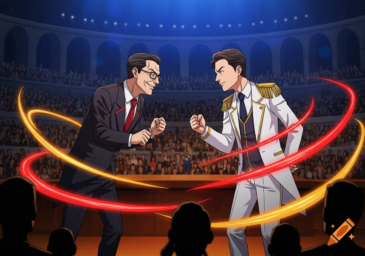 Anime-style politicians debate in an arena, surrounded by glowing red and gold energy, with a large audience.