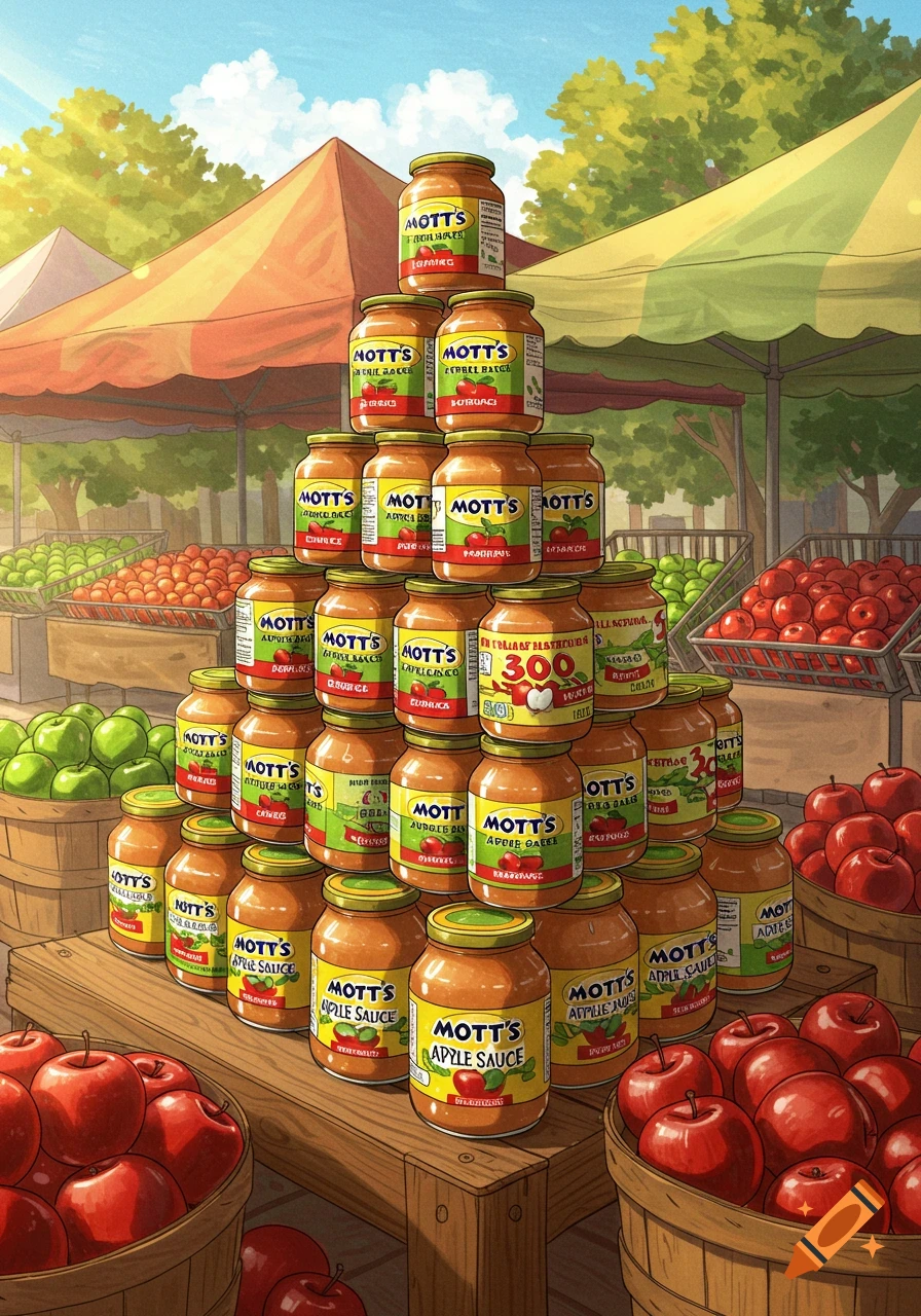 An anime-style illustration of a large pyramid stack of Mott's apple sauce jars at a bustling market stall, surrounded by baskets of red and green apples.