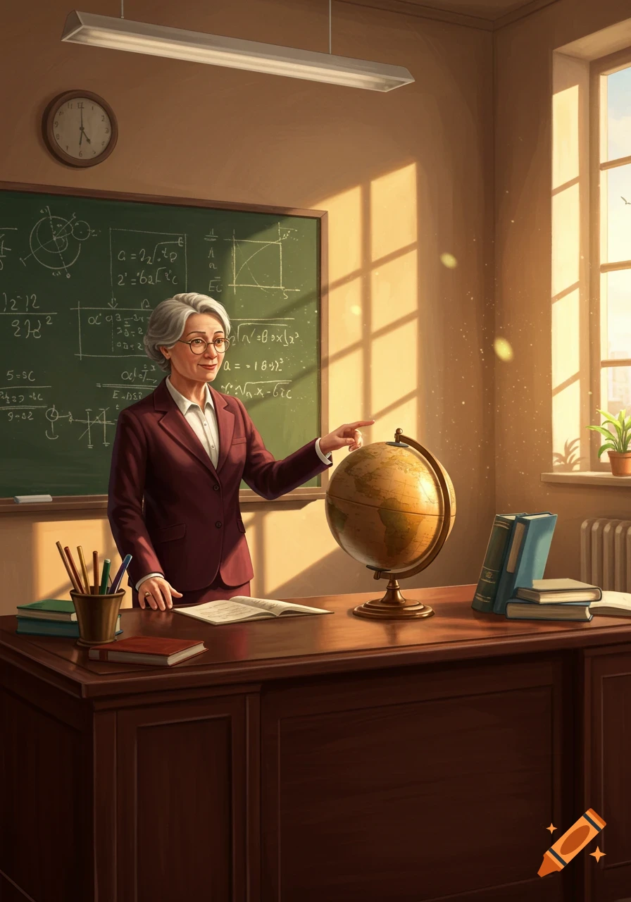 A digital painting of an elderly female teacher with glasses, pointing at a globe on a wooden desk in a sunlit classroom. Equations are on the blackboard.