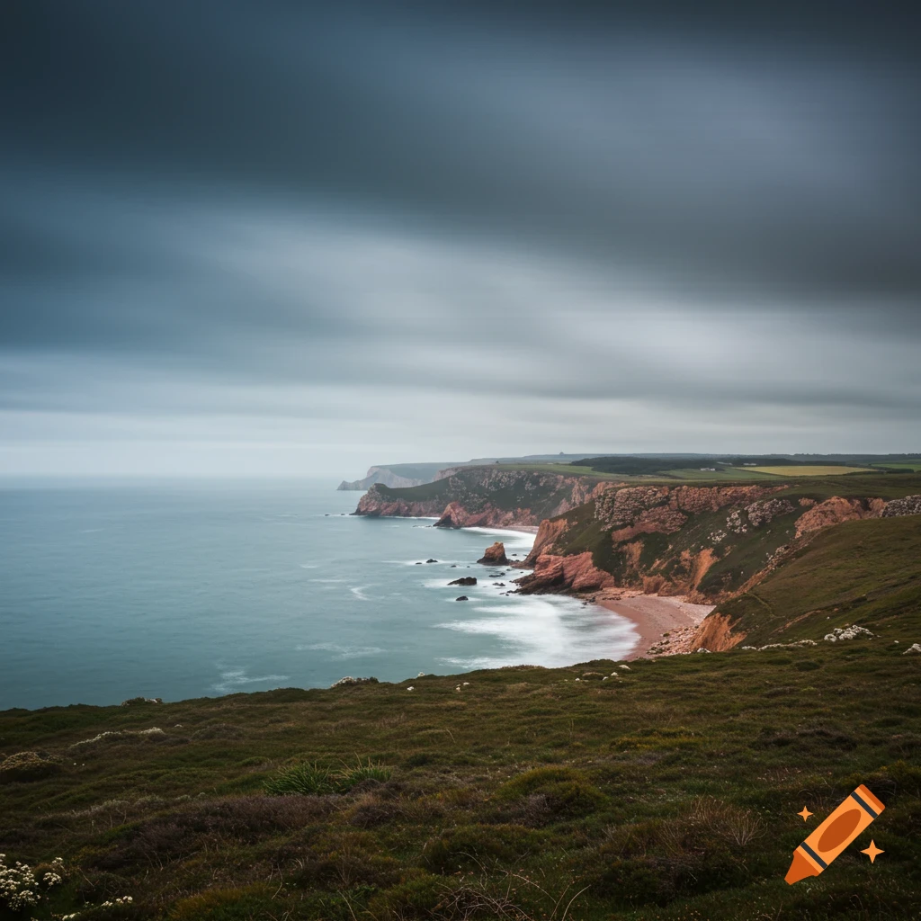 Stormy coastal landscape with reddish cliffs, blurred sea, and gray sky, evoking a painterly abstract style.