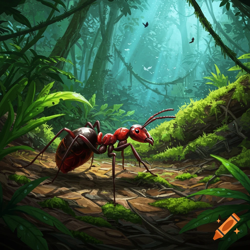 A large red and black ant walks on a mossy path in a vibrant, misty rainforest with dappled sunlight, digital art style.