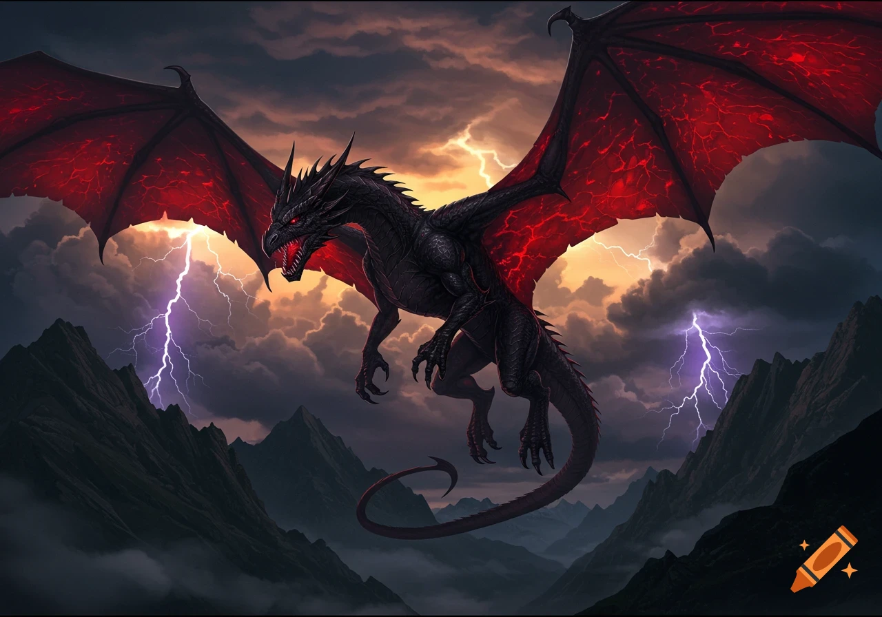 A majestic black dragon with glowing red eyes and vast red wings soars through a stormy sky amidst lightning and dark mountains.