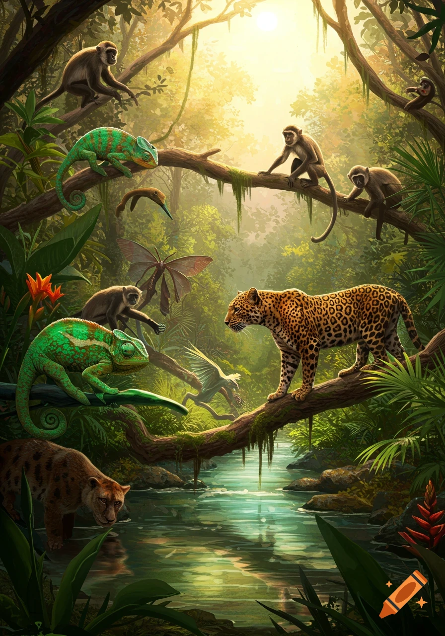 A vibrant jungle scene with leopards, monkeys, chameleons, and other diverse wildlife amidst lush trees and a winding river.