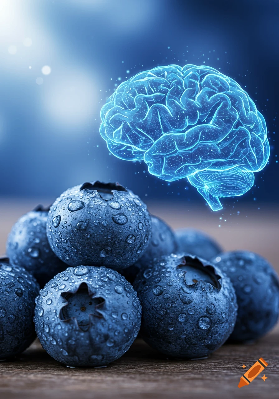 Close-up of dewy blueberries with a glowing, wireframe brain above them, symbolizing brain power, on a dark blue background.