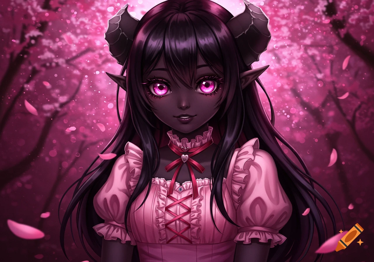 An anime demon girl with dark skin, black hair, pink eyes, and horns wears a pink ruffled dress in a cherry blossom forest.