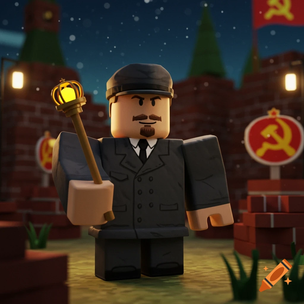 A Roblox-style character resembling Vladimir Lenin, holding a golden scepter, in a snowy, blocky brick environment with Soviet hammer and sickle flags.