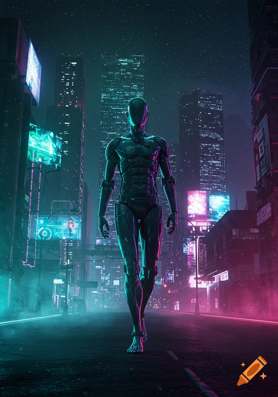A sleek, dark android with glowing cyan and magenta reflections walks down a neon-lit futuristic city street at night.