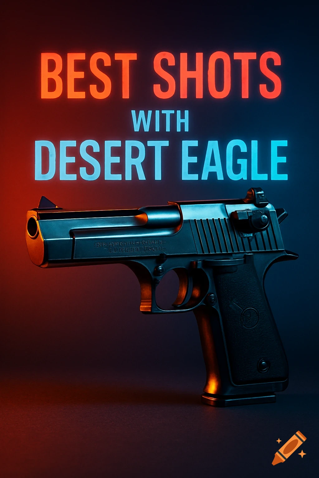 A Desert Eagle pistol against a vibrant red and blue gradient background, with the glowing text "BEST SHOTS WITH DESERT EAGLE" overlayed.